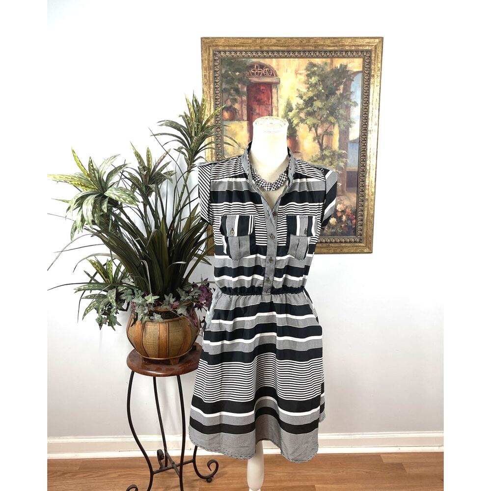 Speed Control NY Women's Medium Black White Striped Shirt Dress Button Front
